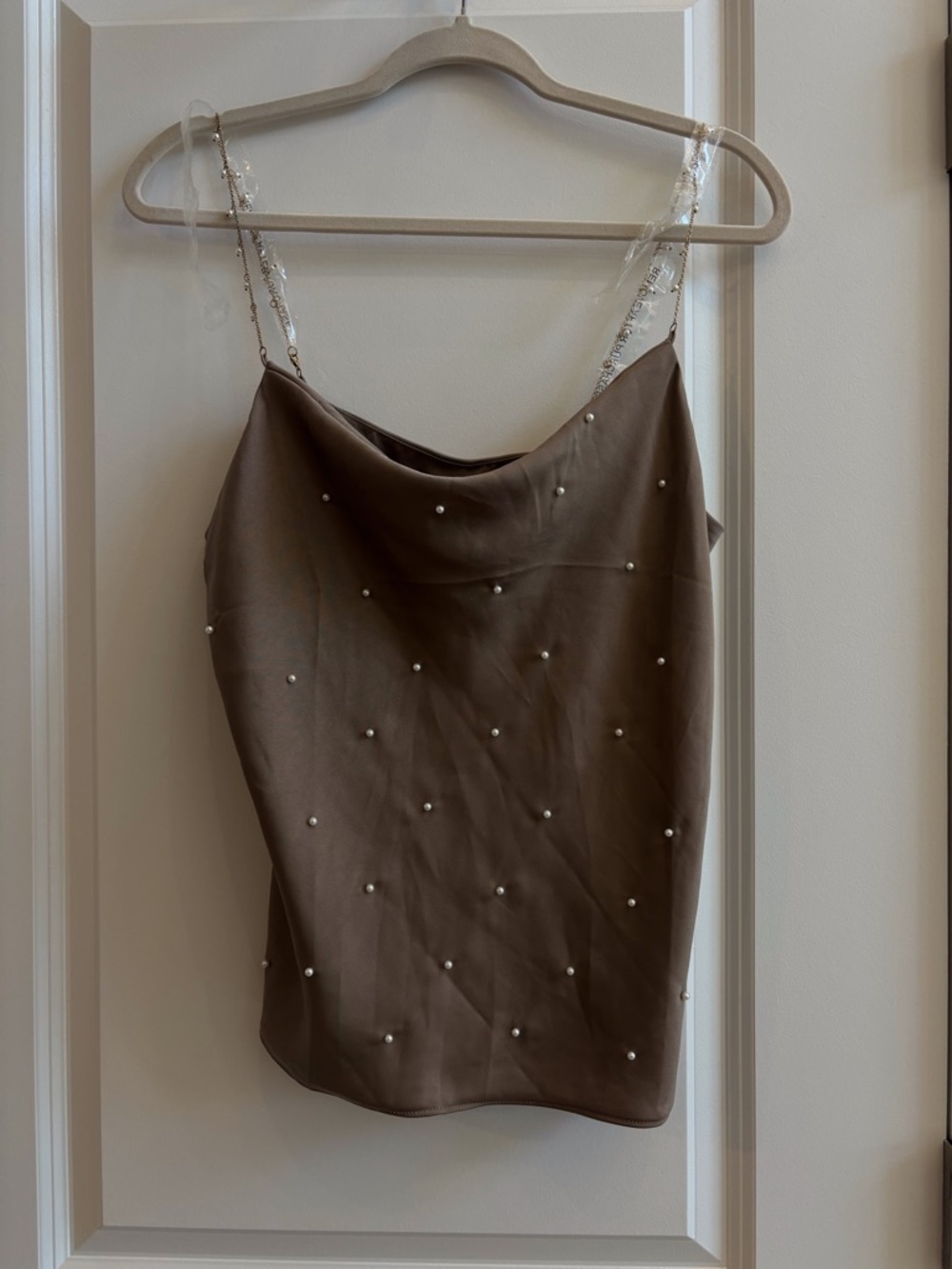 NWT DO+BE Brown Pearl-Embellished Cowl Neck Camisole
